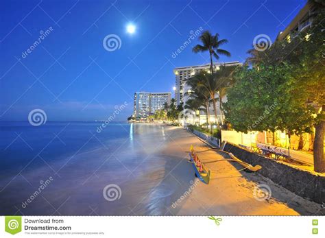 Moon Over Beach With An Outrigger And Trees Stock Image Image Of