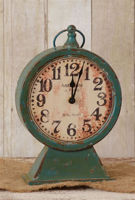 Rustic Metal Pedestal Clock Farmhouse French Country Teal Mantel Shelf