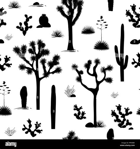 Stylish Seamless Pattern With Silhouettes Of Joshua Trees Opuntia And