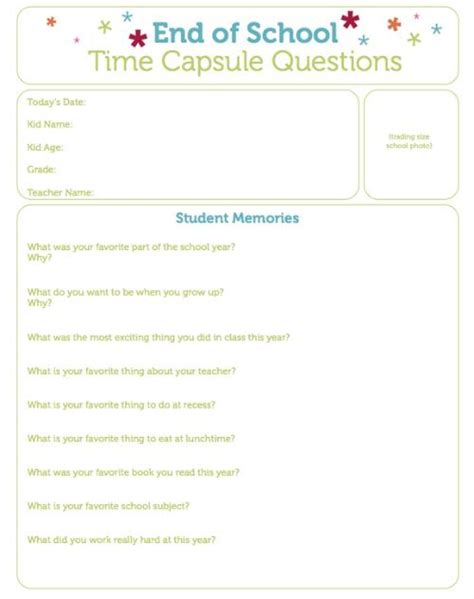 End Of School Time Capsule Questions Printable End Of School School