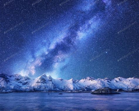 Purple Milky Way Over Snow Covered Mountains And Sea At Night Photo By
