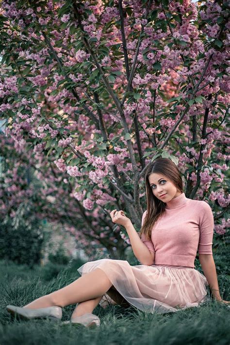 Girl In A Pink Dress Near The Cherry Blossom Stock Image Image Of