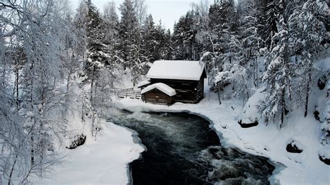 Nature Snow Ice River Cabin Trees Wallpapers Hd Desktop And