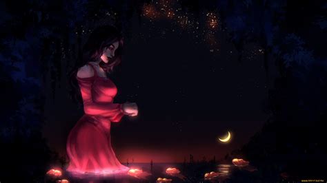 Artwork Crescent Moon Fantasy Girl Dark Fantasy Art Red Dress