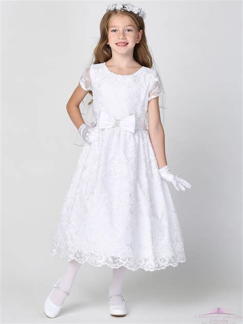 Short Sleeve First Communion Dress With Corded Embroidery First