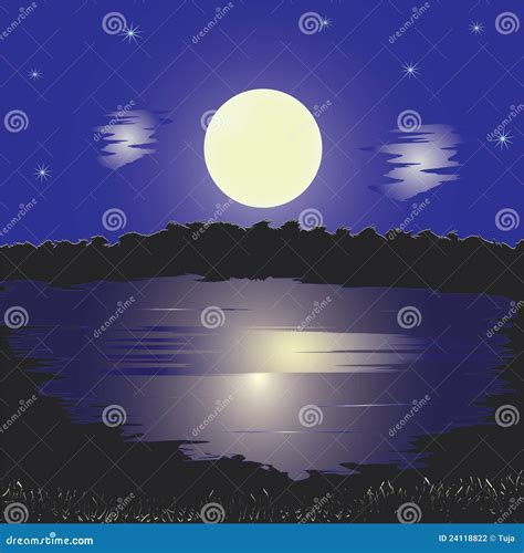 Night Landscape With Lake And Full Moon Stock Vector Illustration Of