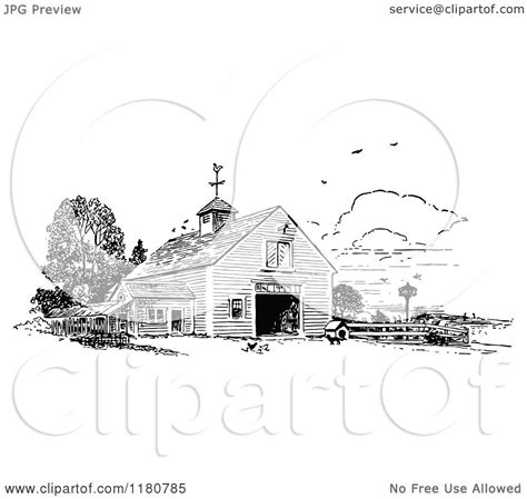 Clipart Of A Retro Vintage Black And White Barn Royalty Free Vector