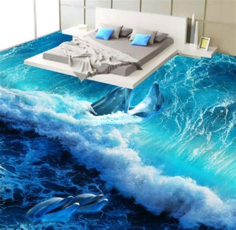 Details About 3d Blue Ocean Wave Dolphin Floor Mural Photo Flooring