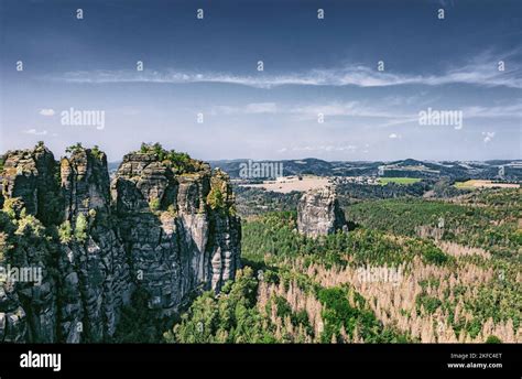Elbe Sandstone Mountains Panoramic Shot Of The Canyon Mountains During