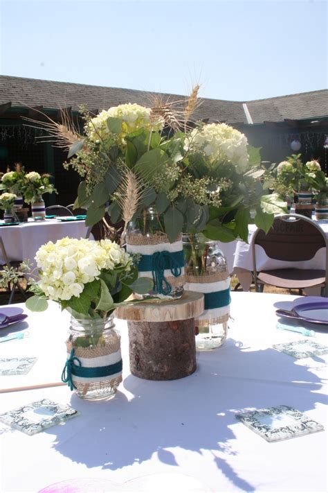 Mason Jars Burlap White Hydrangea Centerpieces And The Pop Of Teal ️