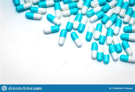 Blue White Antibiotic Capsule Pills On White Background Colorful