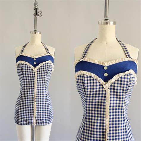 Vintage 50s Swimsuit 1950s Gingham Swimsuit Sea Nymph Blue Gingham