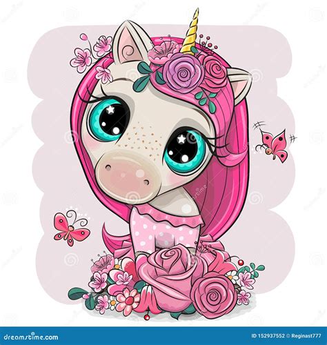 Cartoon Unicorn Girl With Flowers On A Pink Background Vector