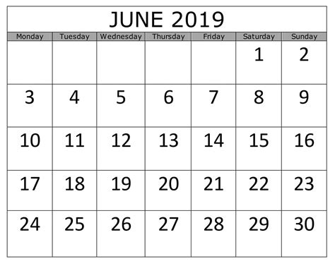 June 2019 Calendar Printable Pdf Excel Word