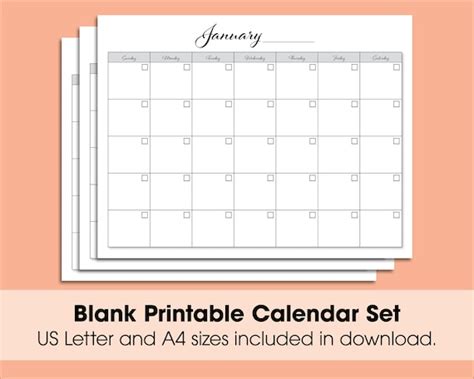 Simple Blank Calendar Set Printable Pdf Etsy