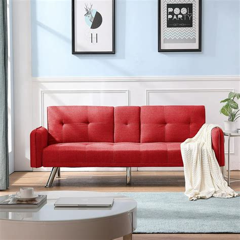 Futon Sofa Bed Convertible Sleeper Sofa With 2 Cup Holders Red