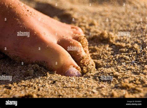 Model Released Close Up Of Female Foot Scrunching Up Sand Between The Toes On The Beach Stock