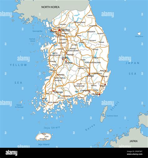 High Detailed South Korea Road Map With Labeling Stock Vector Image
