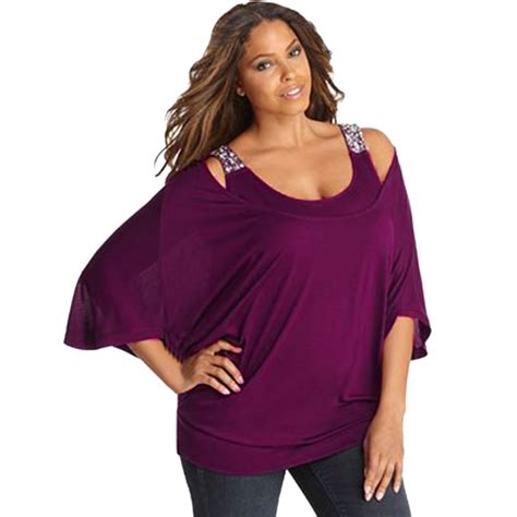 Womens Shirt Plus Size Blouse Womens Red Loose Off Shoulder Bling