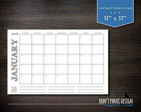Large 2018 Printable 12 Month Calendar Rustic 11 X 17 Wall Calendar