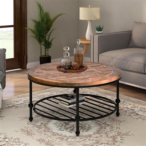 Round Coffee Table Farmhouse Coffee Table Rustic Brown Finish