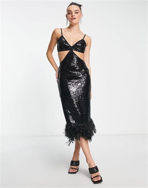 Asos Strappy Sequin Maxi Dress With Faux Feather Hem Detail In Black Lyst