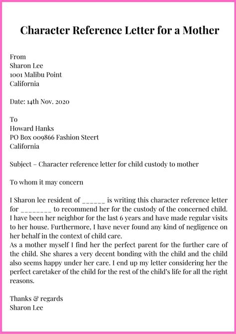 Sample Character Reference Letter For A Mother