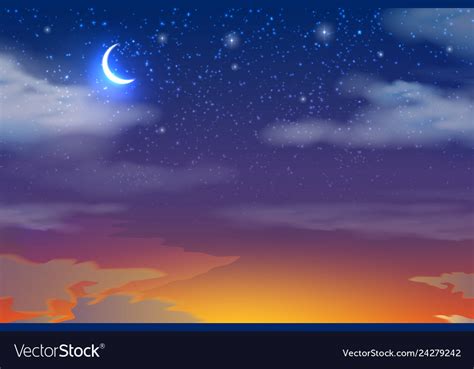 Sunset Sky With Moon Stars Clouds Royalty Free Vector Image