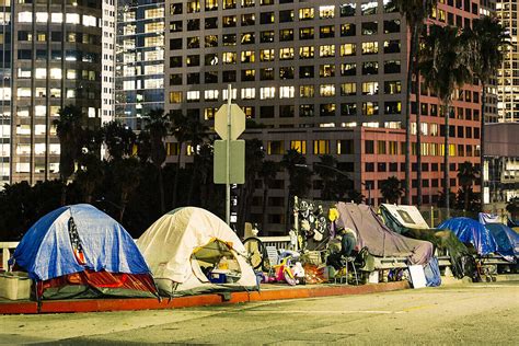 Tents Beside Skyscrapers In Los Angeles Downtown At Night Usc Center