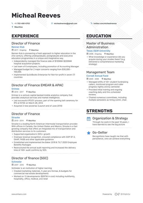 Home > resume > resume templates > accounting and finance resume templates. Top Director Of Finance Resume Examples & Samples for 2020 | Enhancv.com