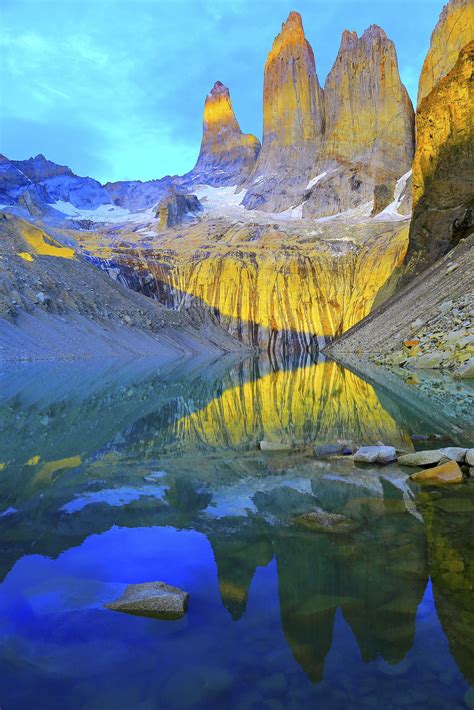 Torres Del Paine And Lake Reflection At Sunrise Patagonia Nature