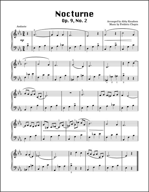 Simplified Nocturne Op 9 No 2 Chopin Easy Piano Sheet Music