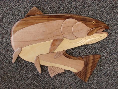 Solid Wood Intarsia Steelhead Wall Decor Fishing Theme