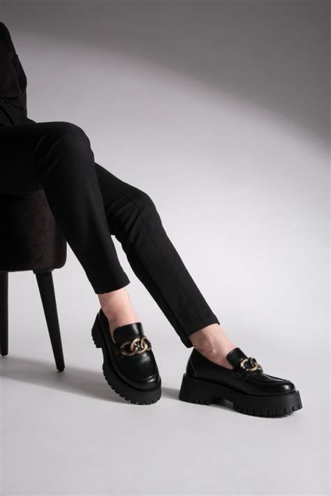 Kadın Zincir Tokalı Loafer Günlük Ayakkabı Zozes Siyah Marjin Ayakkabı