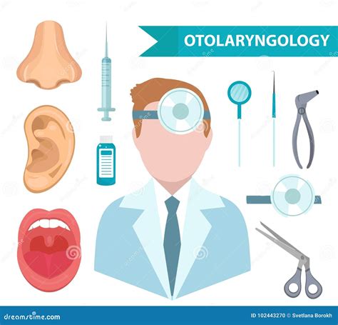Otolaryngology Icon Set Flat Style Doctor Treating Ear Throat Nose
