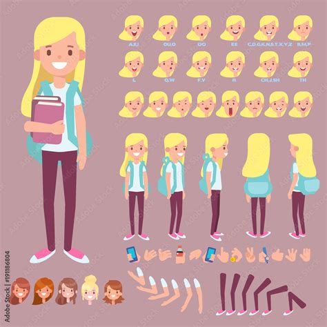 front side back view animated character teenage girl character creation set with various