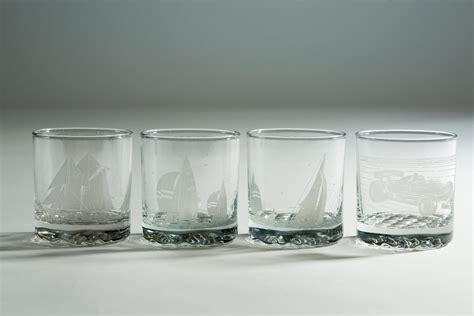 Frosted True North Whisky Blue Nose Bar Glasses 8oz Nautical Ocean Design With Ship And Birds