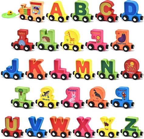 Atoylink 27 Pcs Wooden Train Cars Set Toddlers Magnetic