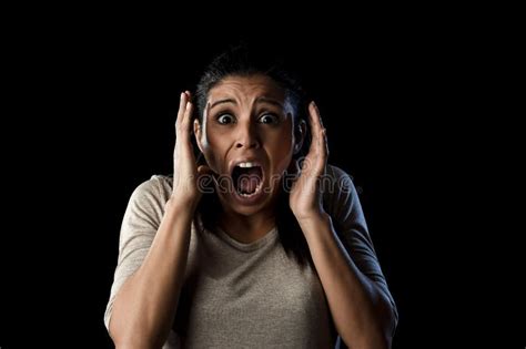 Close Up Portrait Young Attractive Latin Woman Screaming Desperate