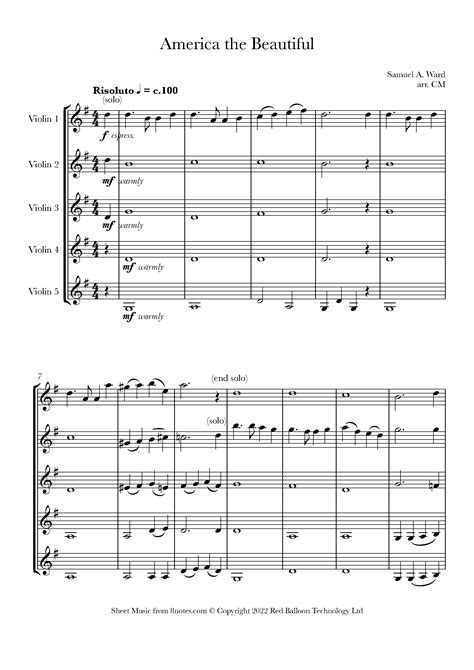 Samuel A Ward America The Beautiful Sheet Music For Violin Ensemble