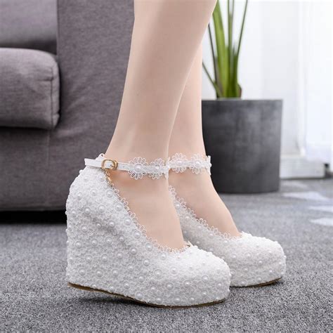 White Woman Wedges Wedding Pumps Sweet White Flower Lace Pearl Platform