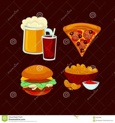 Set Of Fast Food Meals Collection Cartoon Snack Icons Stock Vector
