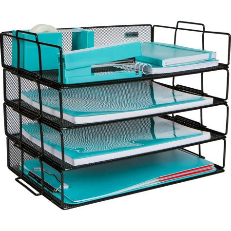 Stackable Paper Tray Desk Organizer 4 Tier Metal Mesh Letter Organizers For Business Home