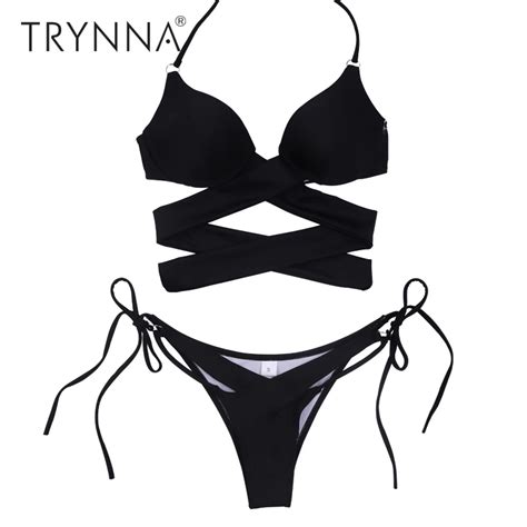 Trynna Biquini Solid Color Cross Bandage Bikini Swimwear Women Multi
