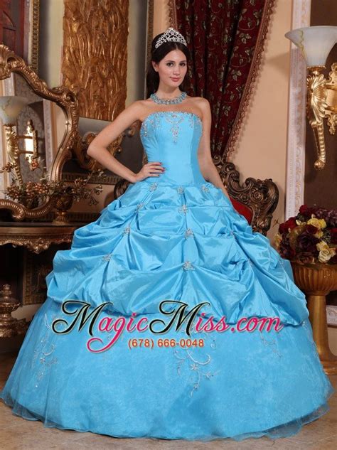 Teal Ball Gown Strapless Floor Length Taffeta And Organza Beading