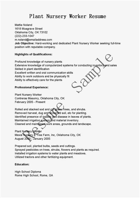 Resume Samples Plant Nursery Worker Resume Sample