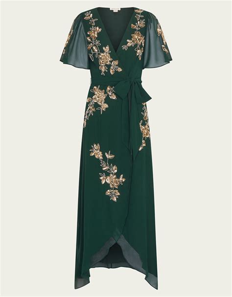 Sarah Embellished Wrap Dress In Recycled Polyester Green Evening