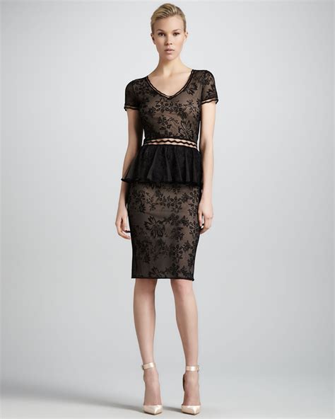 Lyst Zac Posen Short Sleeve Lace Peplum Cocktail Dress In Black