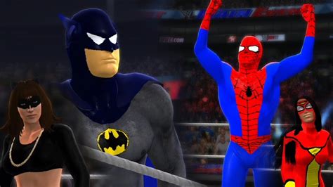 Spiderman Spider Woman Vs Batman Catwoman Wwe Mixed Gender Tag Team