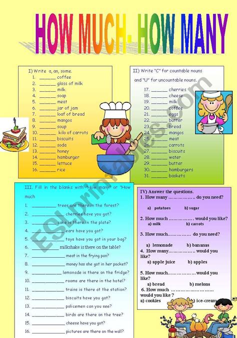 How Many How Much Esl Worksheet By Eltpinar